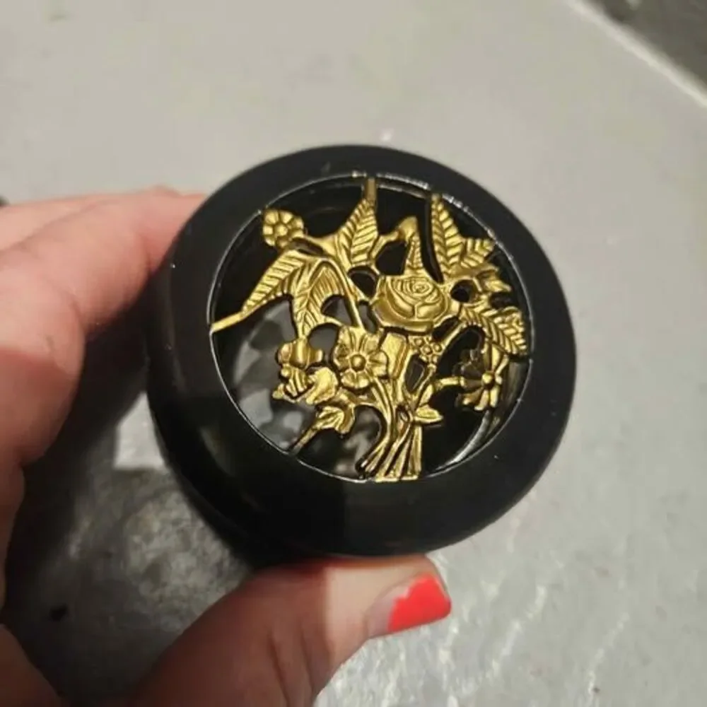 3" Black Plastic Trinket Box Jewelry Box  with Gold Floral Decoration on Lid - Picture 2 of 6